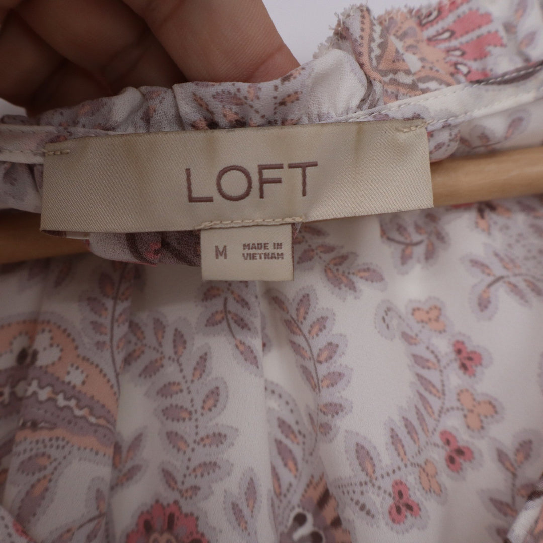 LOFT Womens Pink Paisley Floral V-Neck Ruffle Cuff Blouse Top Medium