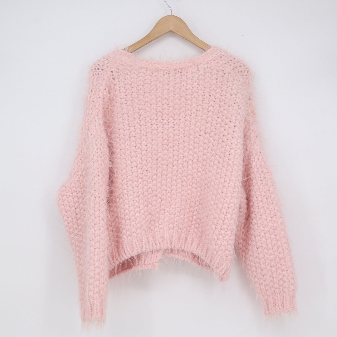 Storia Blush Pink Fuzzy Chunky Knit Toggle Cardigan Sweater
