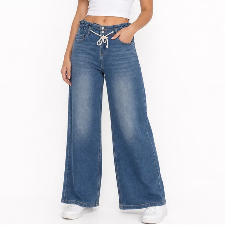 Jeans Womens L Blue Denim Cotton Stretch Mid Rise Drawstring High Waist Wide Leg