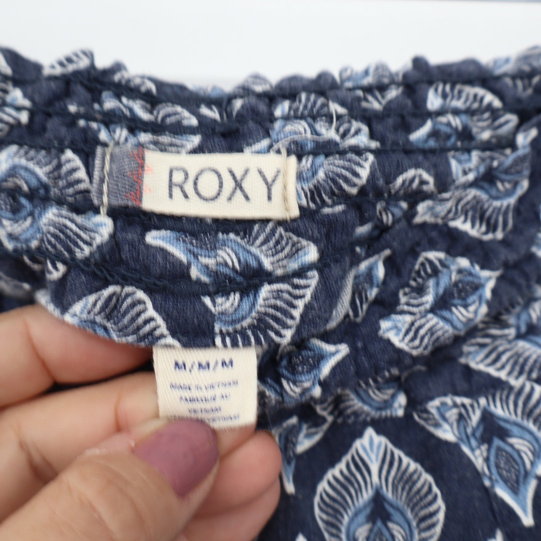Roxy Navy Blue Geometric Print Linen Blend Wide Leg Drawstring Beach Pants M