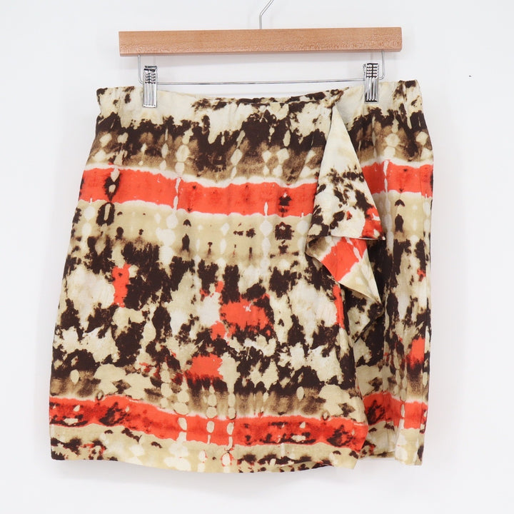 Vince Camuto Womens Brown Orange Tie Dye Ruffle Wrap Mini Skirt Size 12 Boho