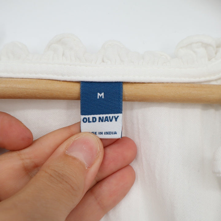 Old Navy Babydoll Dress Women Medium White Cotton Pleated Split Neck Side Pocket