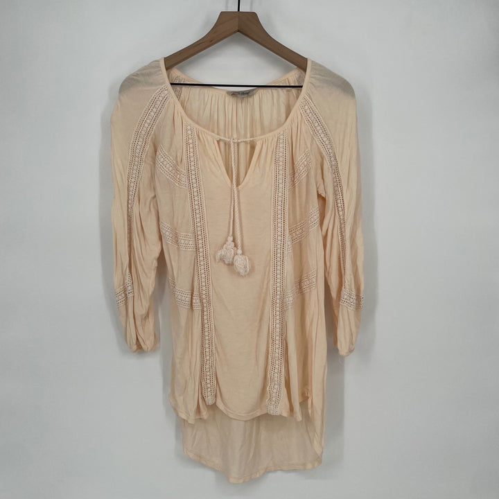 Lucky Brand Peachy Pink Lace Trim Tassel Tie Boho Peasant Blouse Top S
