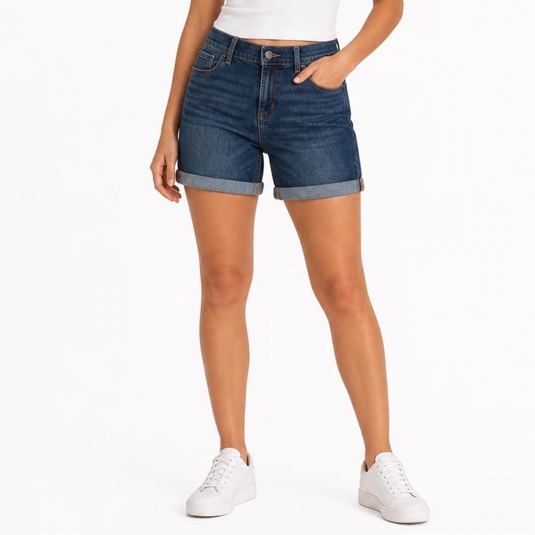 Old Navy Womens Size 8 Dark Wash Cuffed Denim Bermuda Shorts Stretch Blue