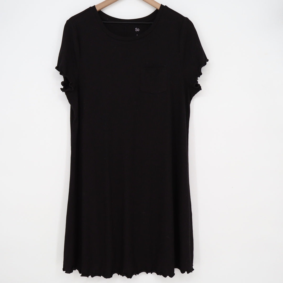 SO Black Ribbed Lettuce Edge Short Sleeve Pocket T-Shirt Dress XL