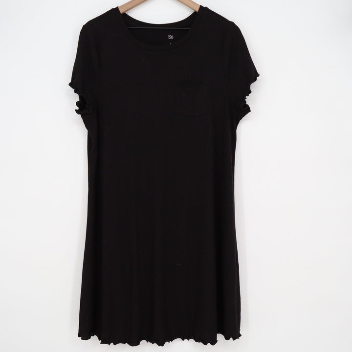 SO Black Ribbed Lettuce Edge Short Sleeve Pocket T-Shirt Dress XL