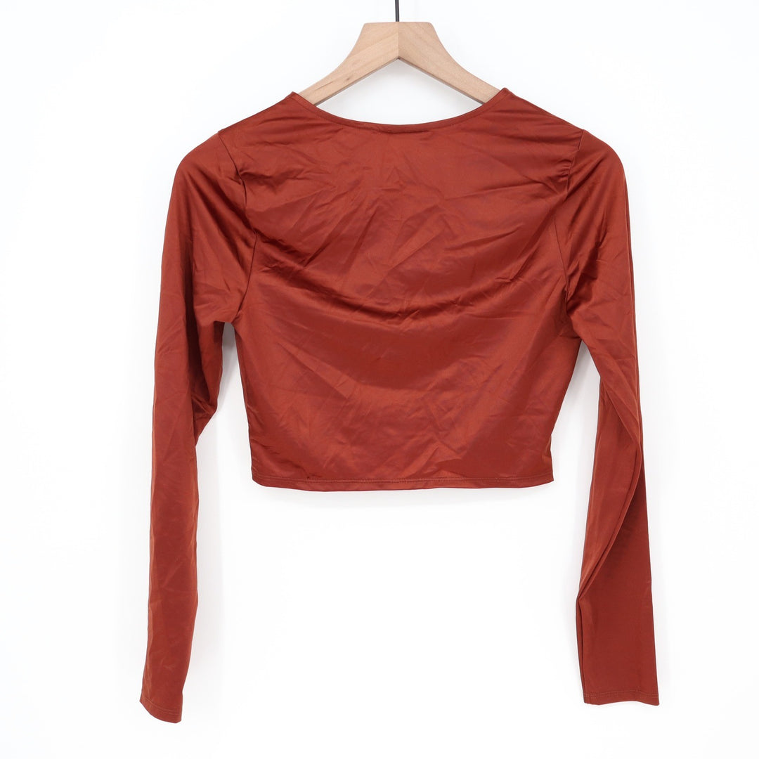 Calia Womens Ruched Long Sleeve Rashguard Red Brown Shine UPF 50+ Small NEW