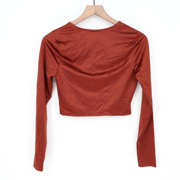 Calia Womens Ruched Long Sleeve Rashguard Red Brown Shine UPF 50+ Small NEW