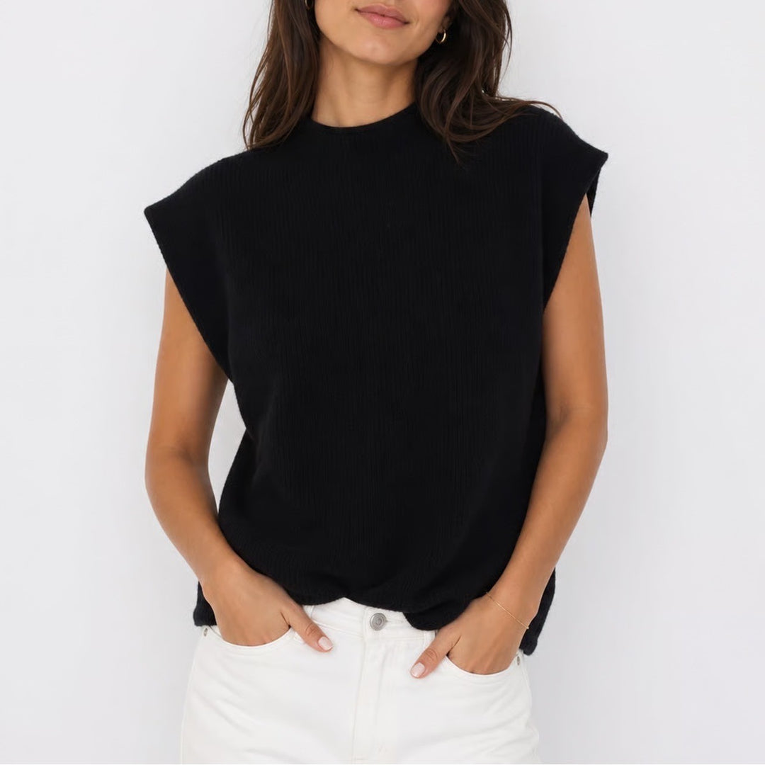 Black Ribbed Knit Sweater Vest Crew Neck Sleeveless Top Large KLJ0571