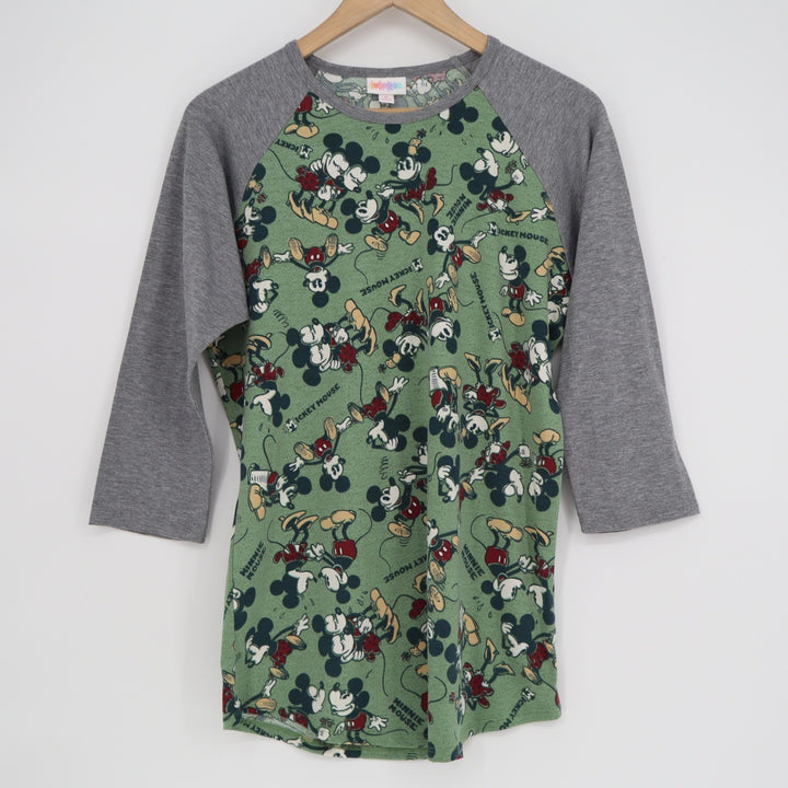LuLaRoe Randy Disney Mickey Minnie Mouse Raglan Baseball Tee Green Grey Medium