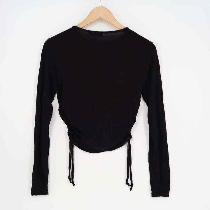 Prettylittlething Cropped Top Womens 6 Black Ruched Side Crew Neck Long Sleeve