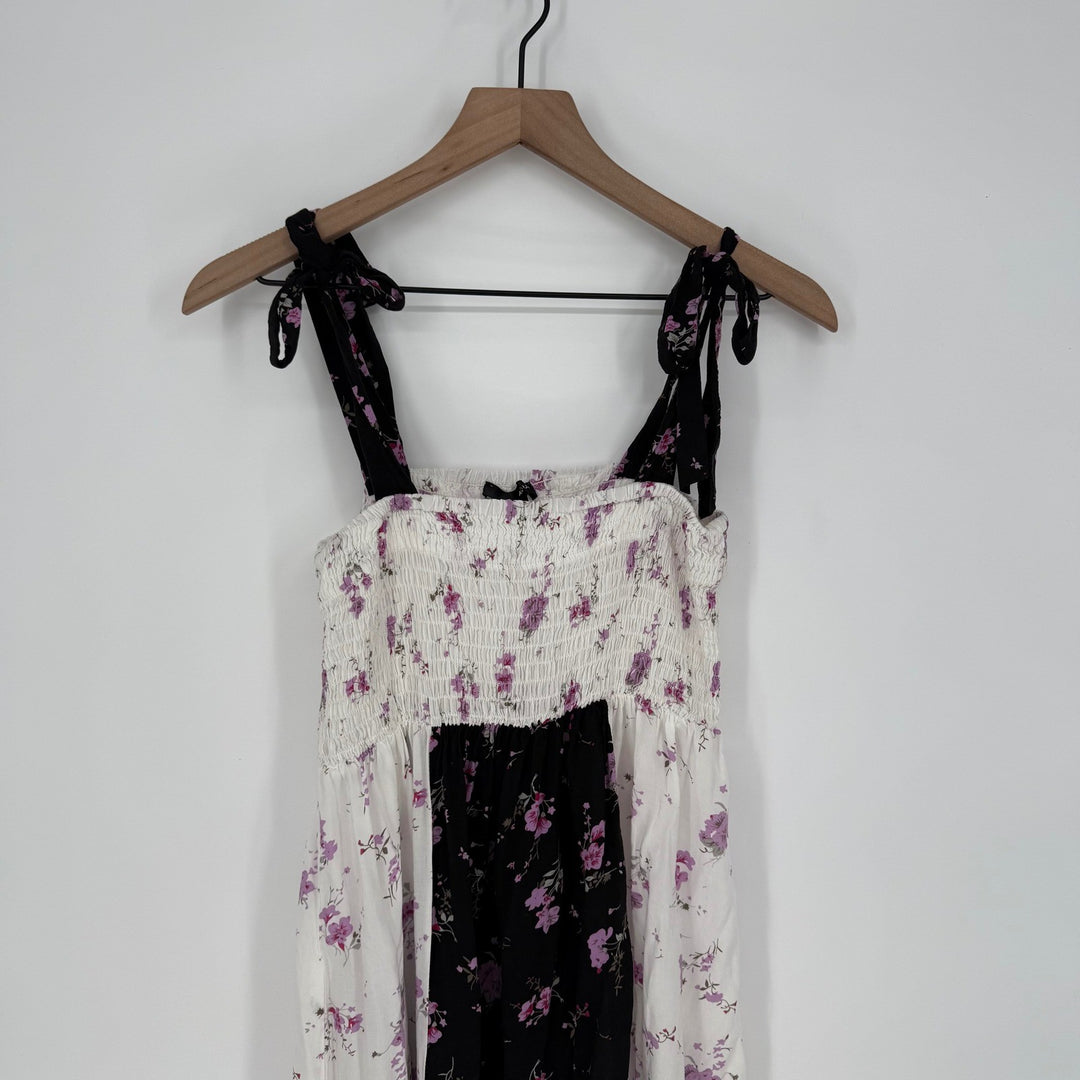 Aqua Maxi Dress Floral Print White Black Purple Smocked Bodice Tie Straps Size S