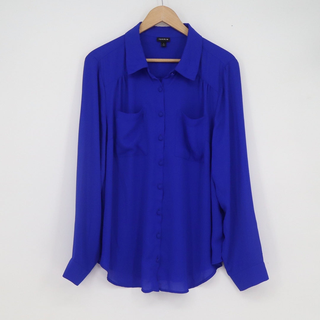 Torrid Royal Blue Long Sleeve Button Down Blouse Plus Size 1 Chest Pockets Solid