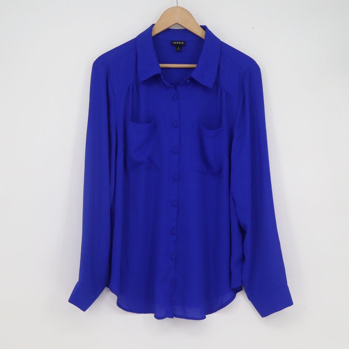 Torrid Royal Blue Long Sleeve Button Down Blouse Plus Size 1 Chest Pockets Solid