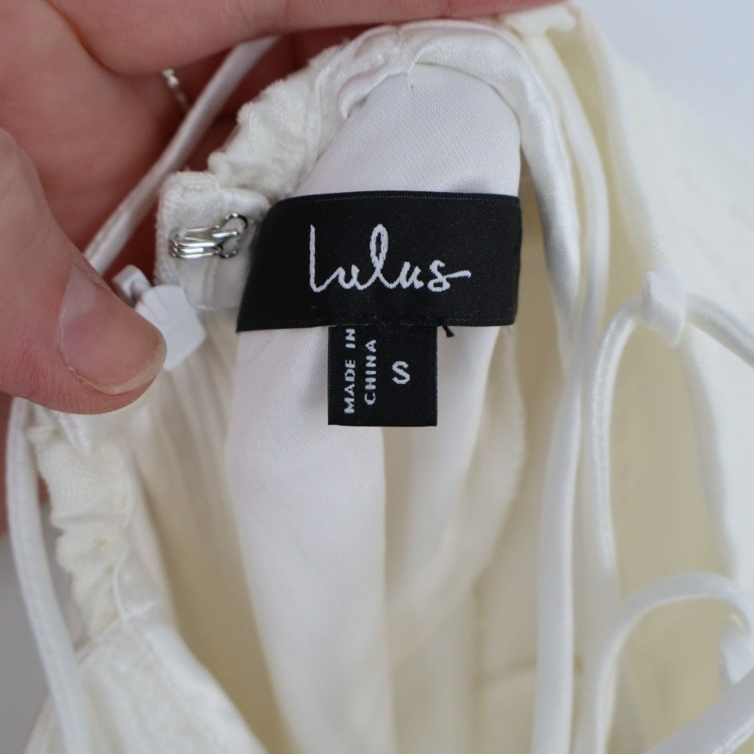 Lulus Odetta Midi Dress Womens Small White Cotton Burnout Puff Sleeve Lace-Up