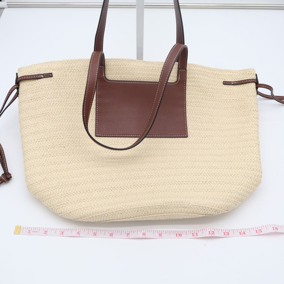 Womens Handbag Beige Straw Crochet Leather Double Handle Pocket Shoulder Bag