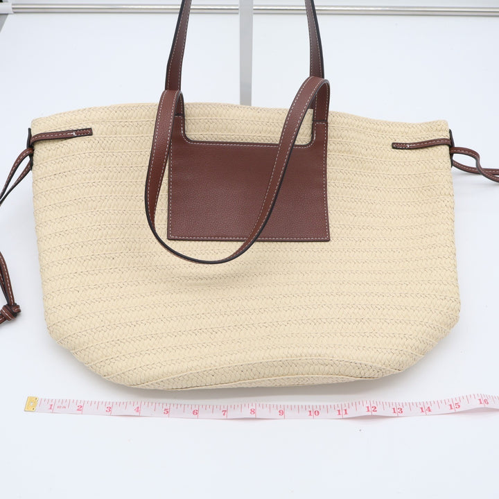 Womens Handbag Beige Straw Crochet Leather Double Handle Pocket Shoulder Bag