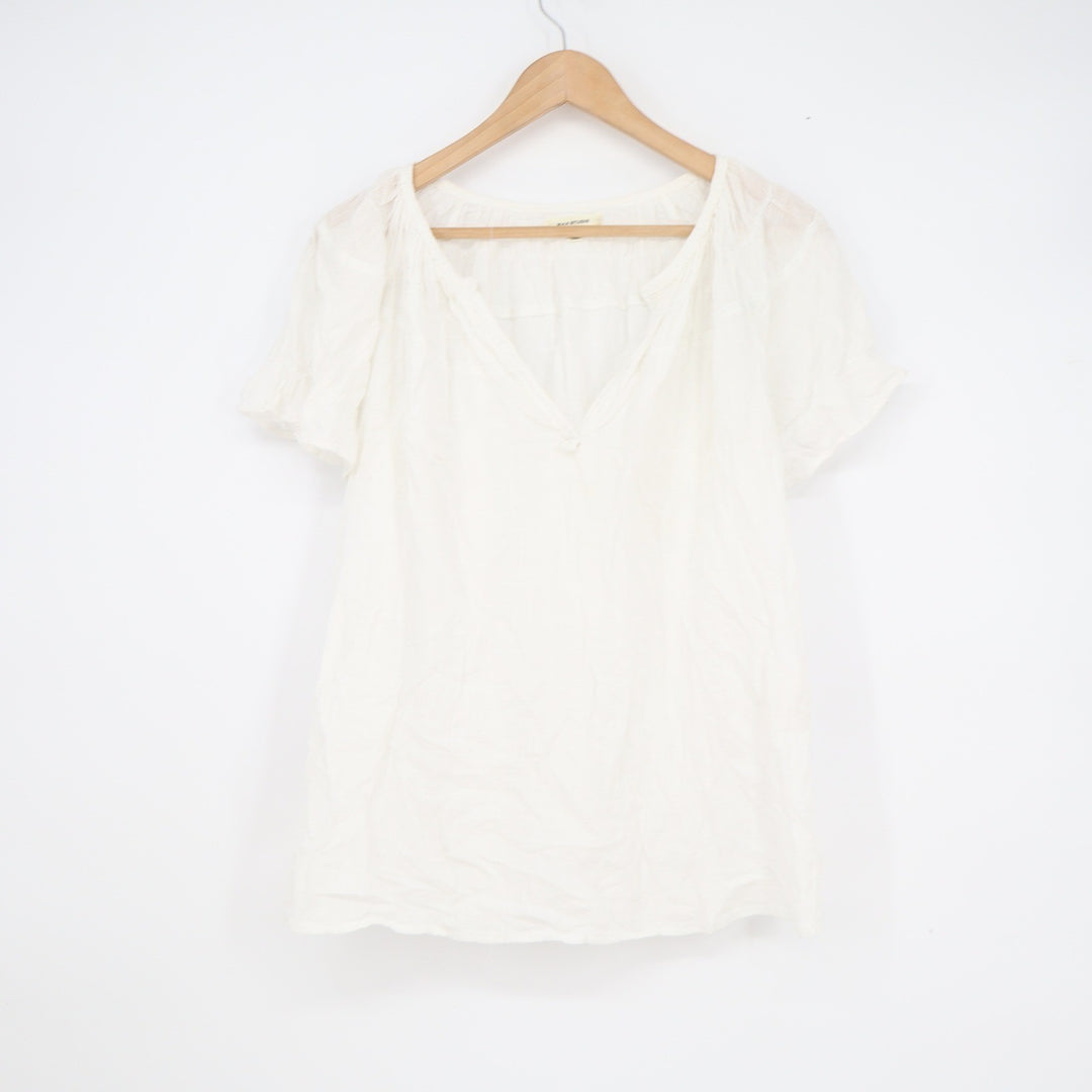 Max Studio White V-Neck Peasant Blouse Short Flutter Sleeve Gauze Top L