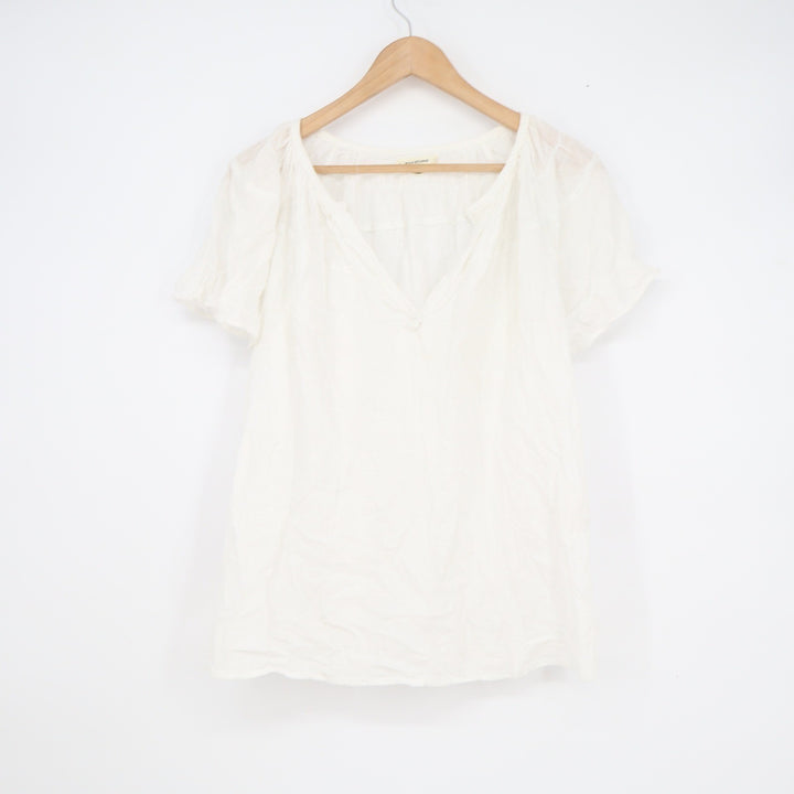 Max Studio White V-Neck Peasant Blouse Short Flutter Sleeve Gauze Top L
