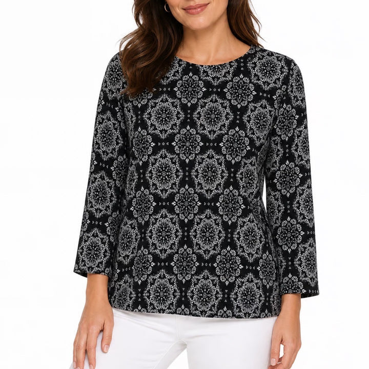 Croft & Barrow Womens XS Black White Medallion 3/4 Sleeve Boat Neck Cotton Top