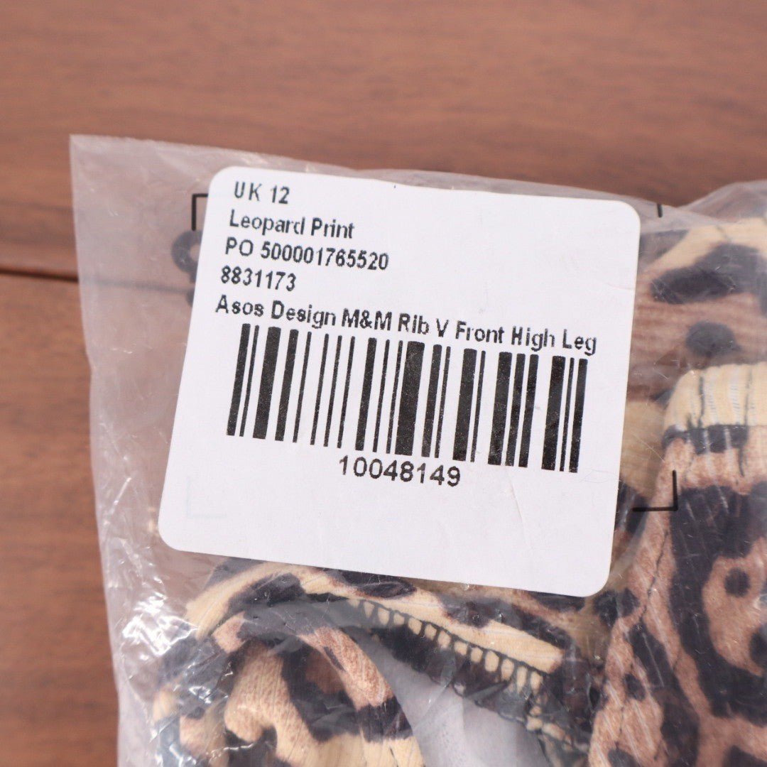 ASOS DESIGN Leopard Print Rib V Front High Leg Bikini Bottoms Size 12
