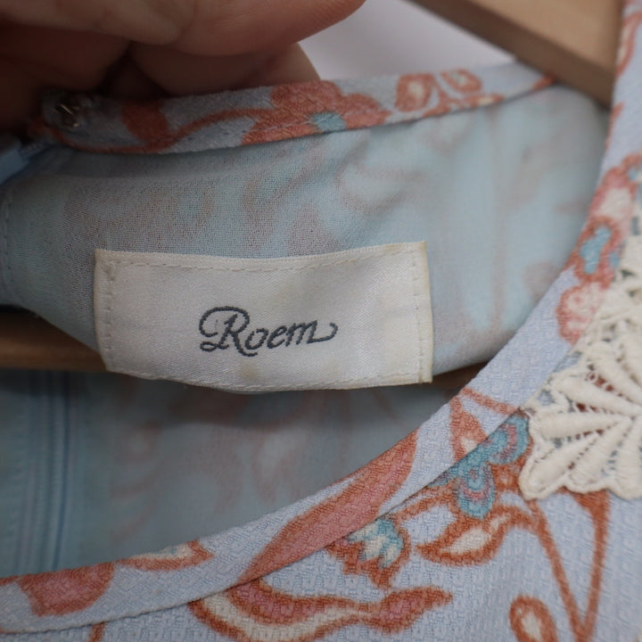 Roem Floral Sleeveless Fit & Flare Mini Dress Lace Shoulder Peach Blue Size M