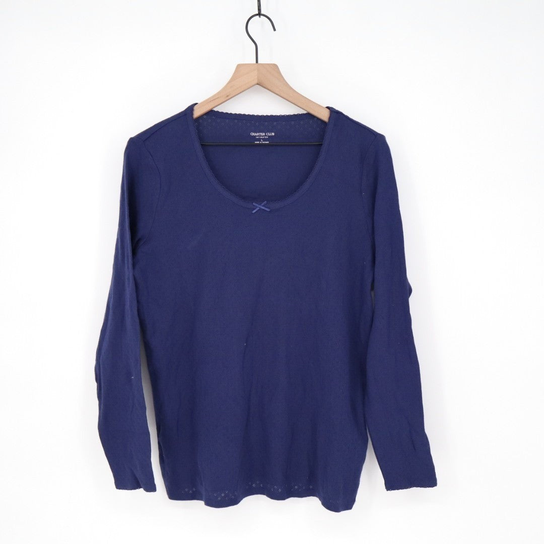 Charter Club T-Shirt Womens Large Navy Cotton Round Neck Long Sleeve Pullover