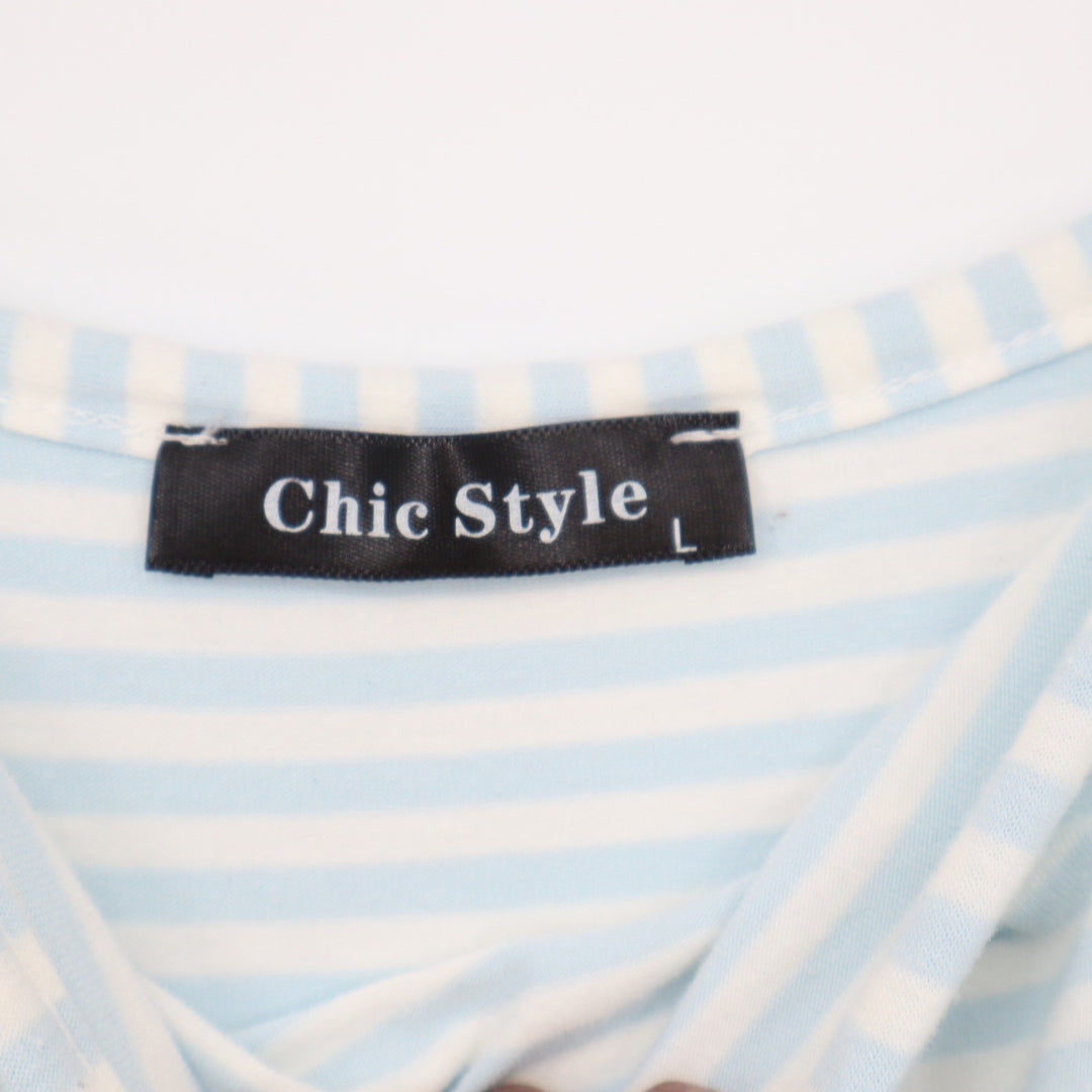 Chic Style Blue White Striped Wrap Midi Dress Sleeveless High Neck Large