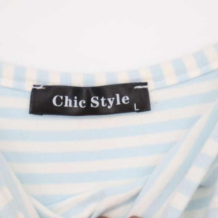 Chic Style Blue White Striped Wrap Midi Dress Sleeveless High Neck Large