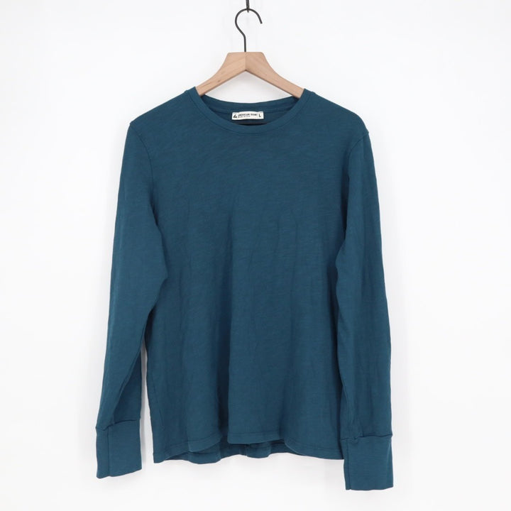 American Giant Premium Slub T-Shirt Womens L Blue Ribbed Long Sleeve Crew Neck