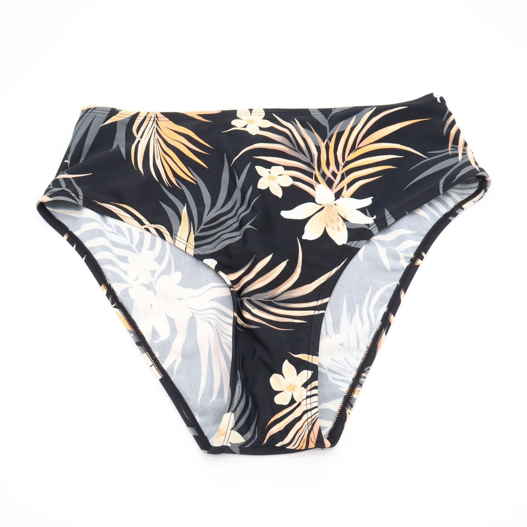 Tropical Floral High Waisted Bikini Bottoms Black Palm Leaf Print Swimwear