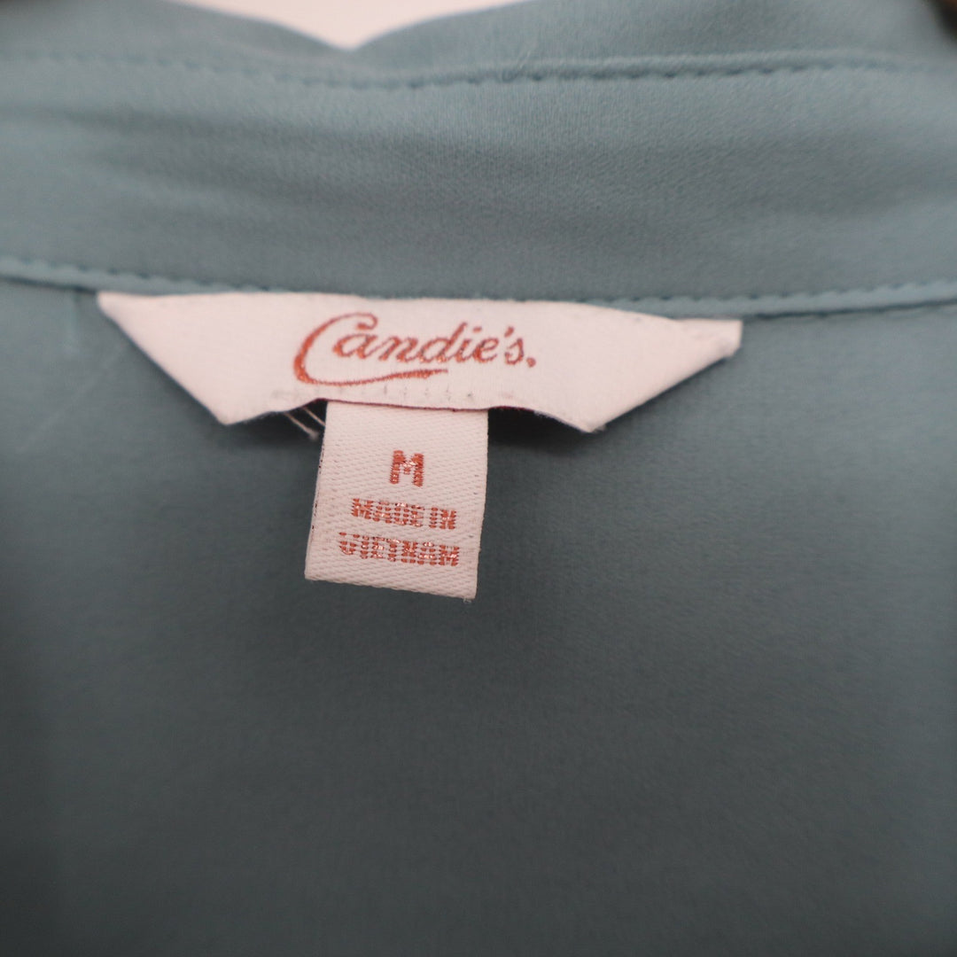 Candie's Womens Dusty Teal Button Down Blouse Tie Bell Cuff Long Sleeve Medium