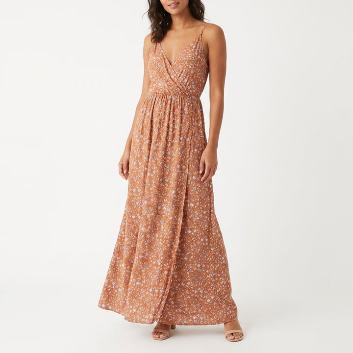 SHEIN Womens XL Rust Orange Floral Surplice V-Neck Spaghetti Strap Maxi Dress