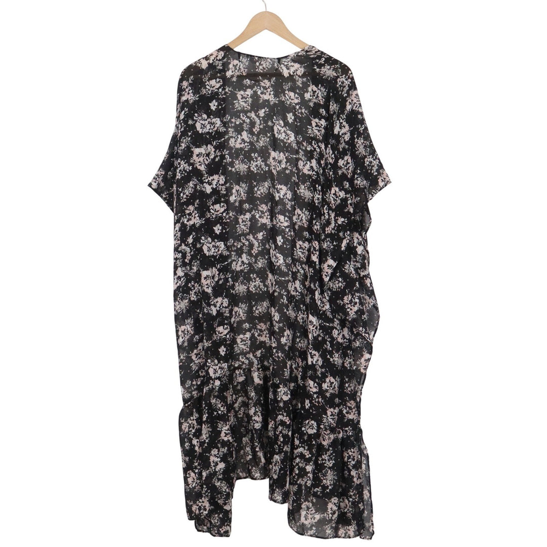 Lauren Conrad Floral Kimono Wrap Black Pink Ruffle Hem Sheer Cardigan O/S