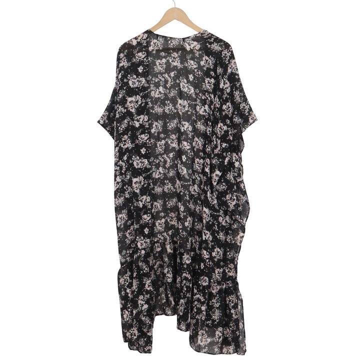 Lauren Conrad Floral Kimono Wrap Black Pink Ruffle Hem Sheer Cardigan O/S