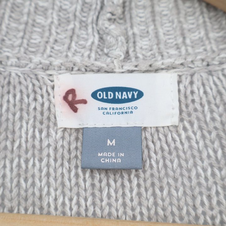 Old Navy Cardigan Sweater Women Medium Gray Cotton Cable Knit Ribbed Long Sleeve