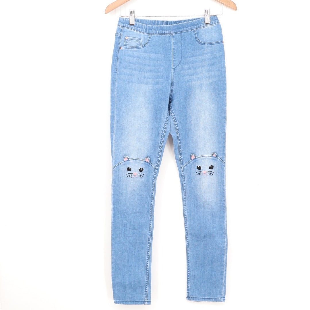 HM Girls Cat Face Knee Embroidery Jeggings Light Wash Blue Denim Size 14Y+