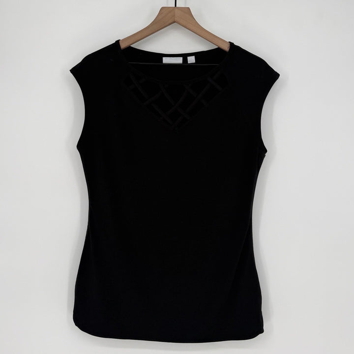 NEW YORK COMPANY Black Lattice Neck Tunic Top Womens Medium
