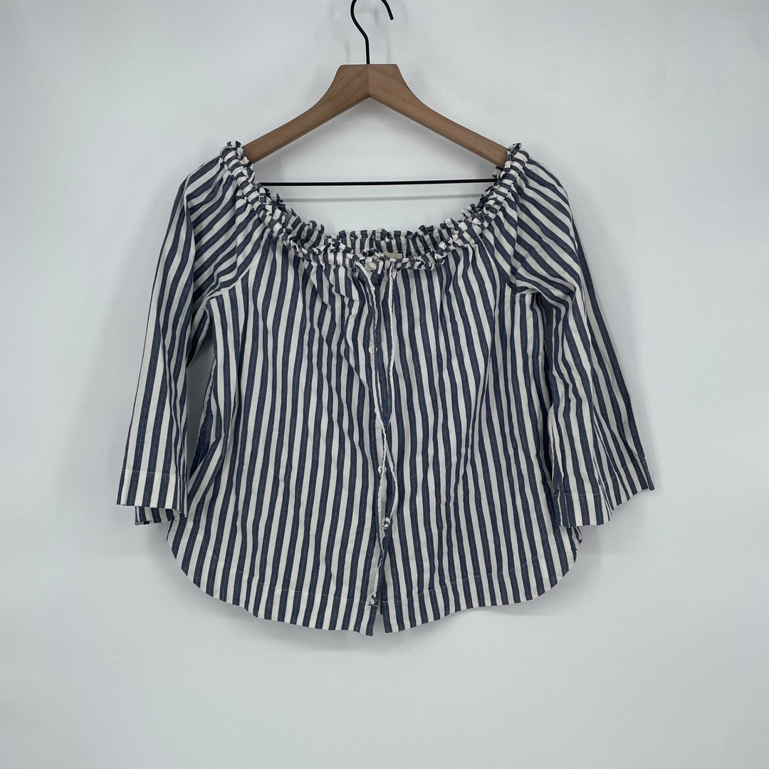 Madewell Striped Off Shoulder Button Front Ruffle Top M