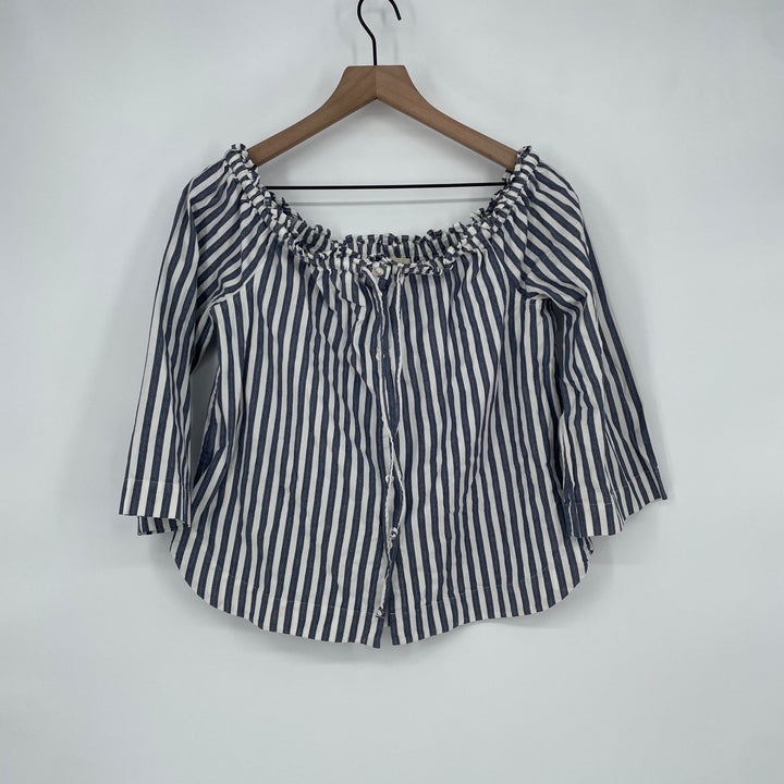 Madewell Striped Off Shoulder Button Front Ruffle Top M