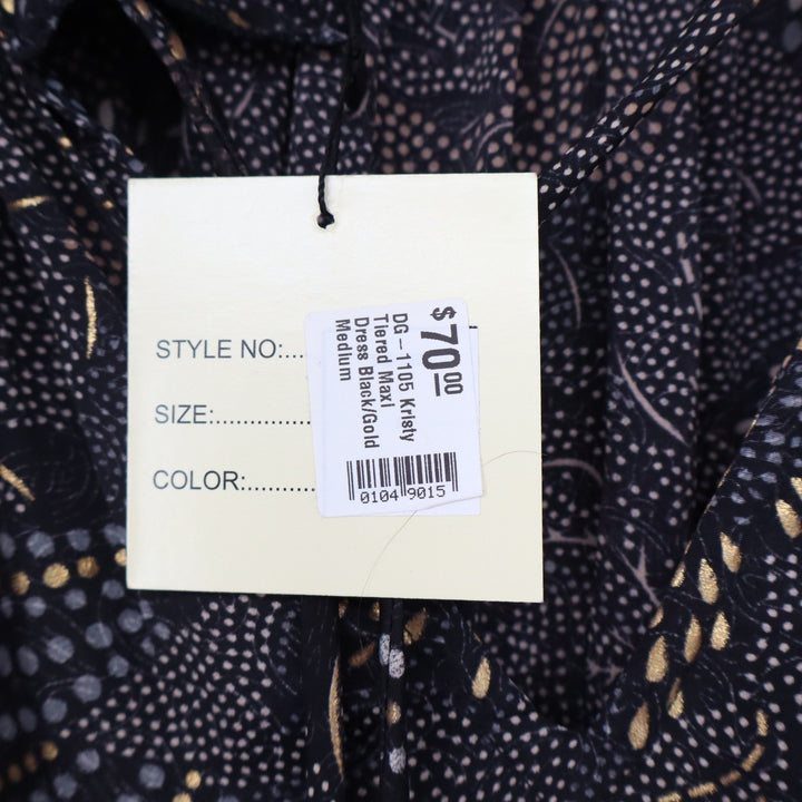 Paani Kristy Tiered Maxi Dress Black Gold Abstract Dot Tassel Tie Mens Size M