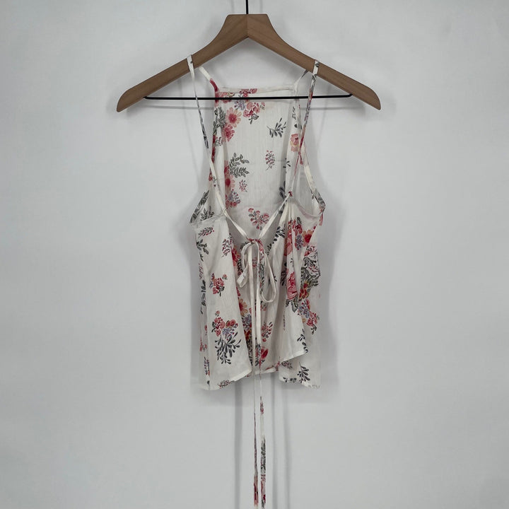 re:named Floral Halter Neck Tie Back Tank Top Women's Size L White