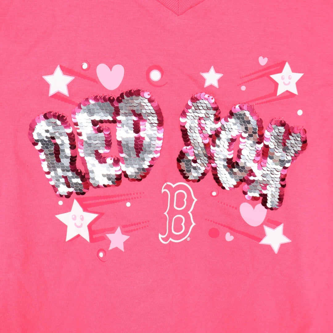 New Era Boston Red Sox Girls Pink Sequin V-Neck T-Shirt Size 7/8 MLB New