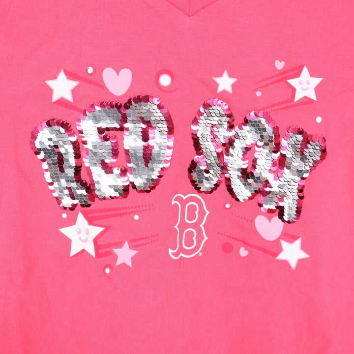 New Era Boston Red Sox Girls Pink Sequin V-Neck T-Shirt Size 7/8 MLB New