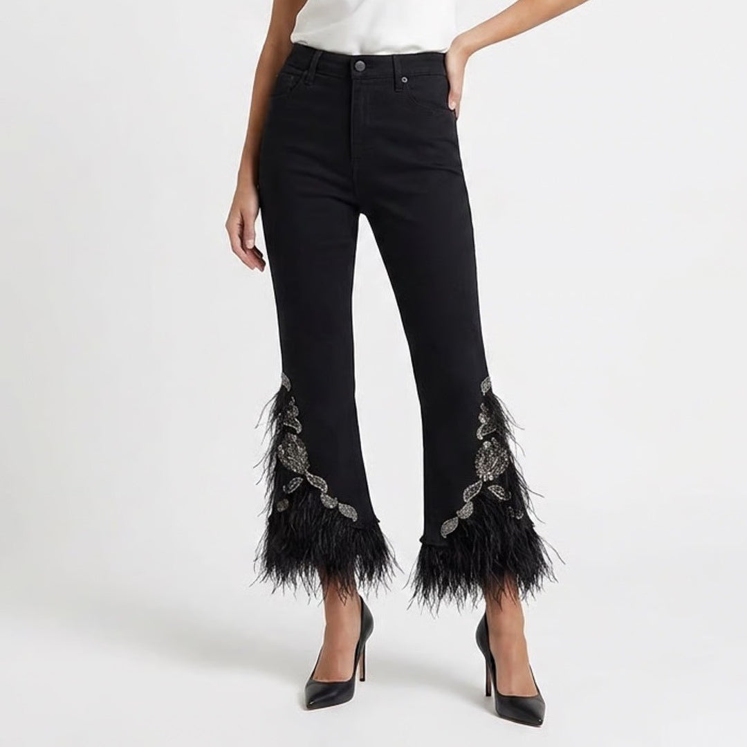 Kobi Halperin Black Beaded Feather Trim Cropped Flare Pants 10