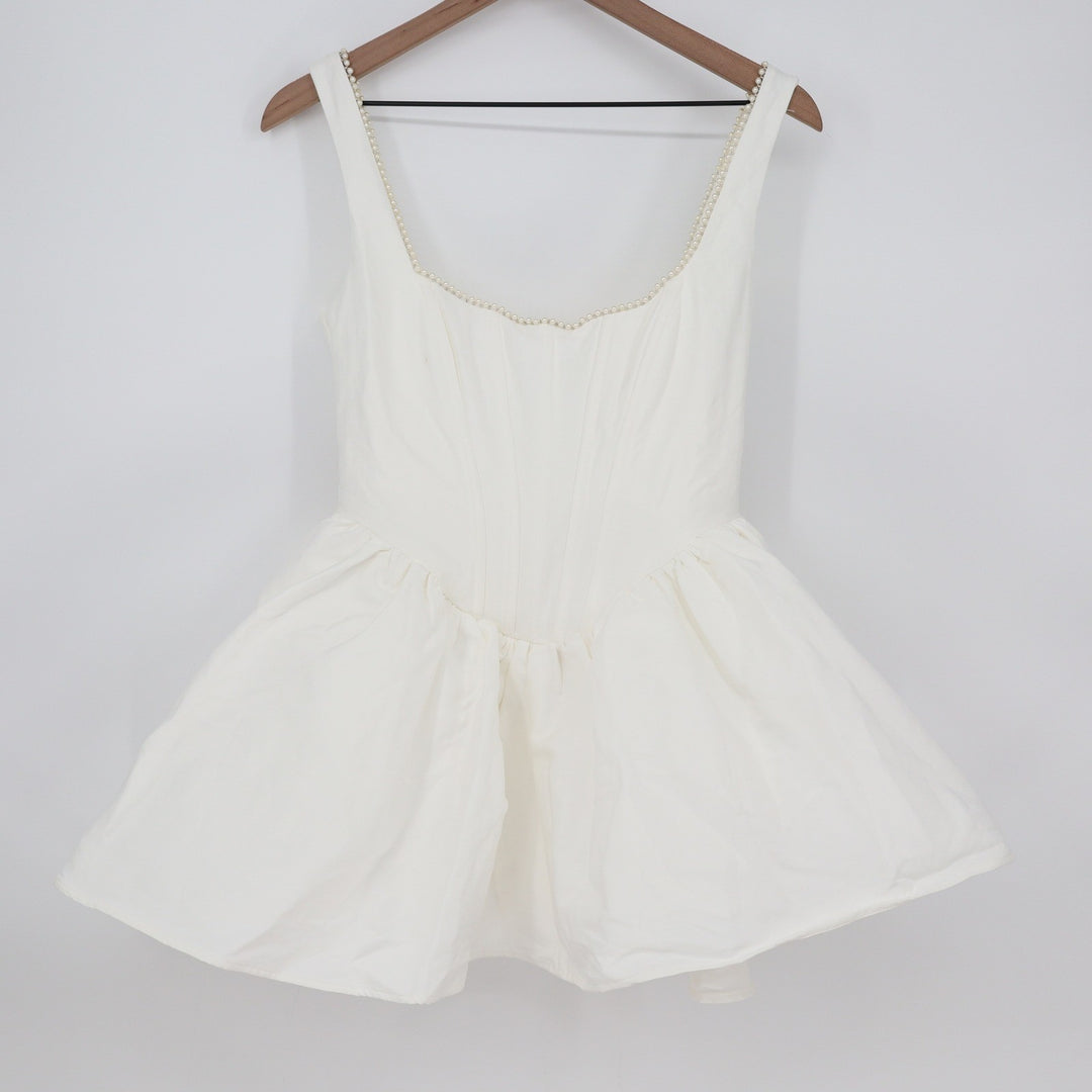 Showpo Kaitlyn Mini Dress Ivory Corset Pearl Trim Fit and Flare US 6