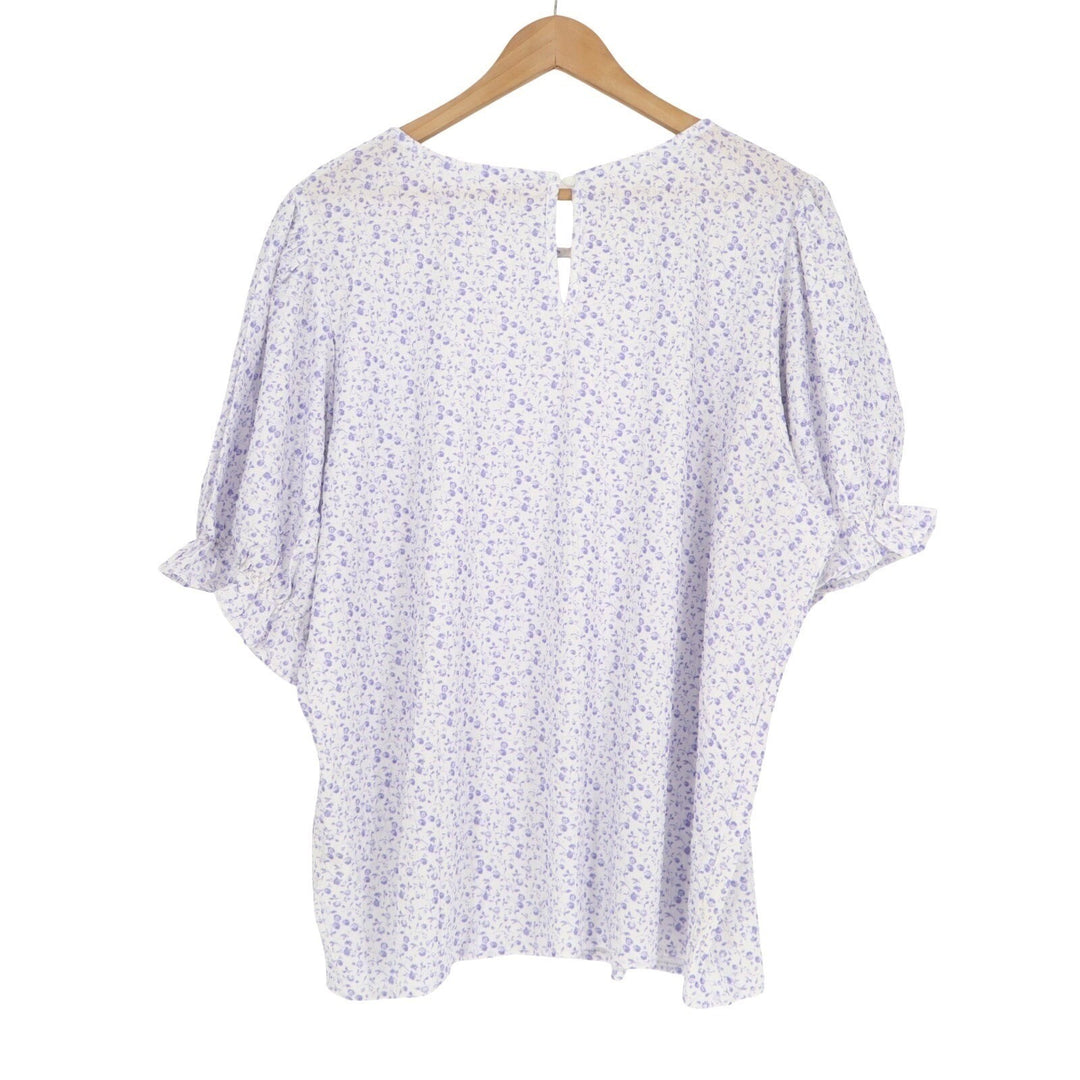 Blouse Womens 2XL White Floral Print Ruffle Short Sleeve Round Neck Pullover