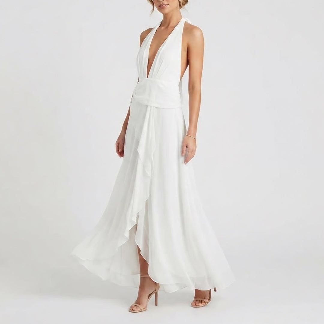 SHEIN White Halter Neck Maxi Dress XL US 12 Draped Waist Tie Back
