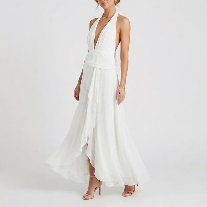 SHEIN White Halter Neck Maxi Dress XL US 12 Draped Waist Tie Back