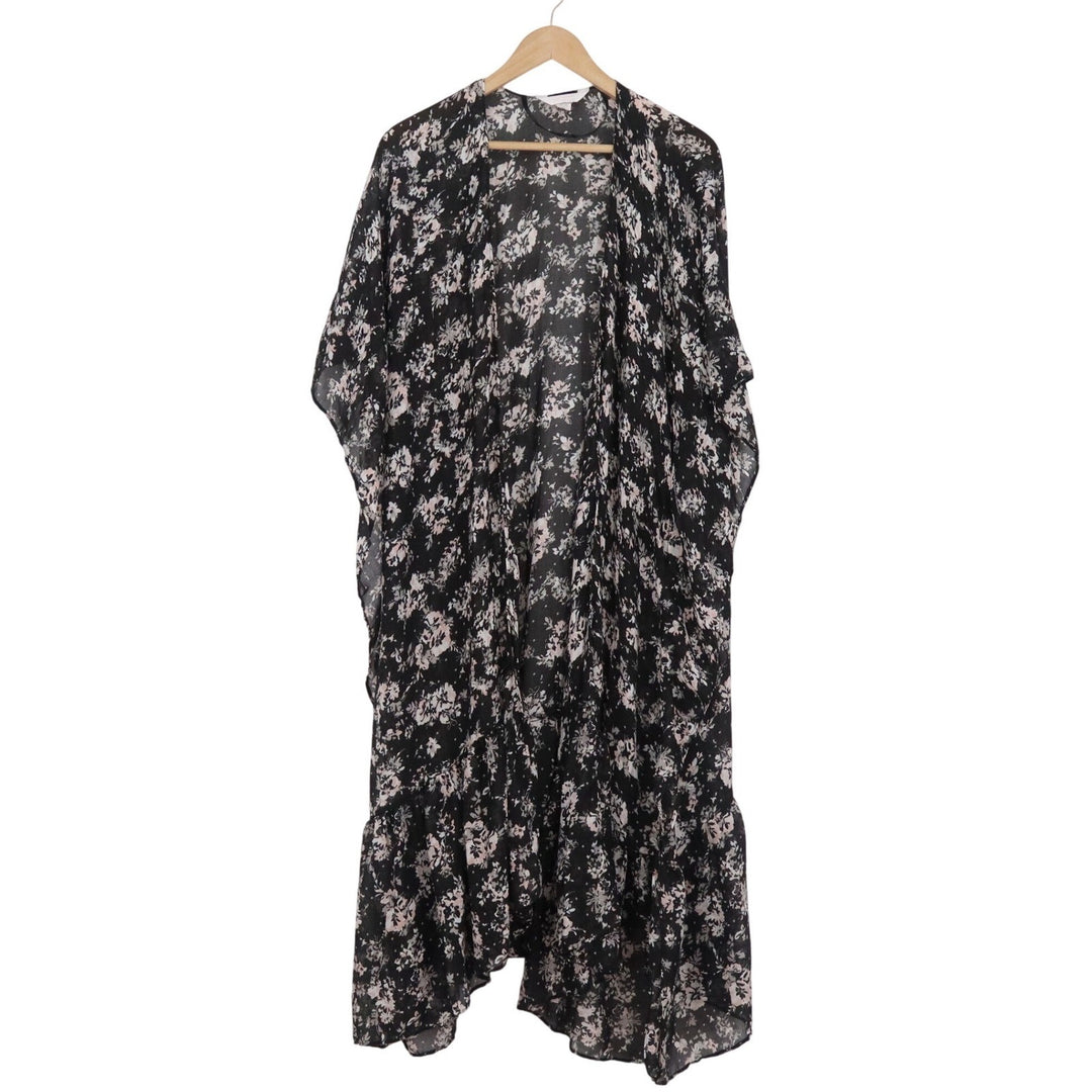 Lauren Conrad Floral Kimono Wrap Black Pink Ruffle Hem Sheer Cardigan O/S